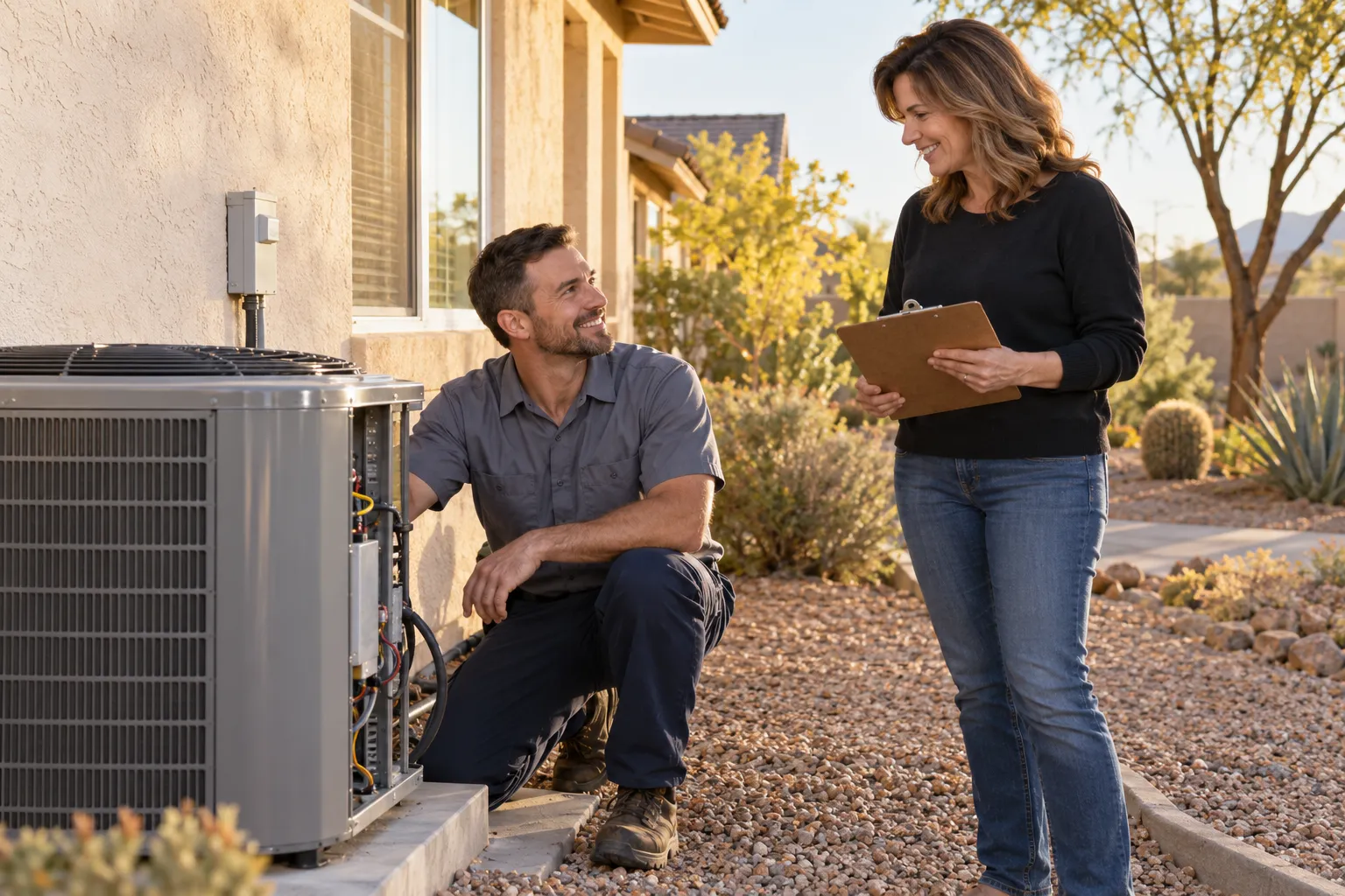 A friendly local provider checking an outdoor AC unit beside a stucco home in Orange