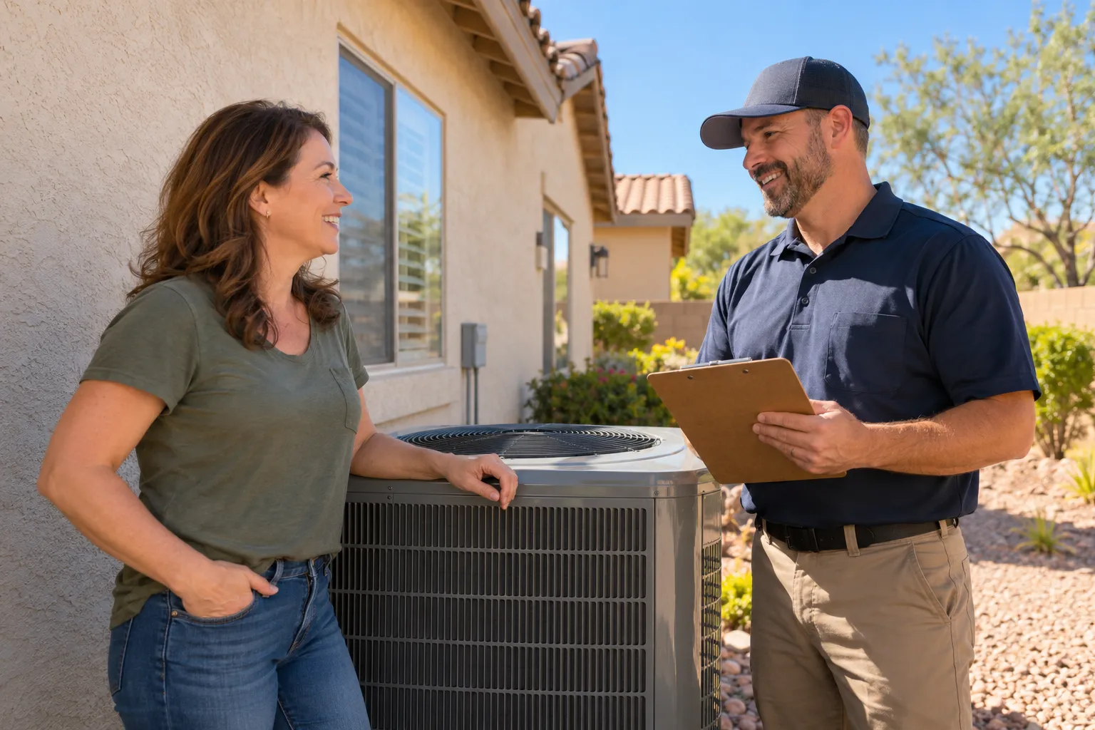 A homeowner in Orange talking with an HVAC provider beside an outdoor AC unit